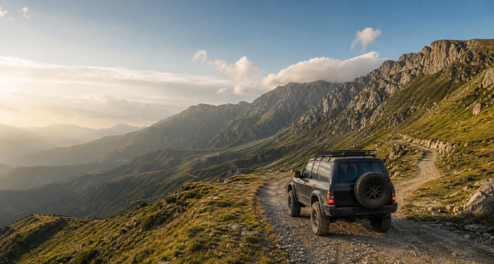 Masina 4x4 pe un drum montan din Carpati, cu creste in departare
